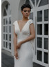 V Neck Ivory Satin Wedding Dress With Big Bow